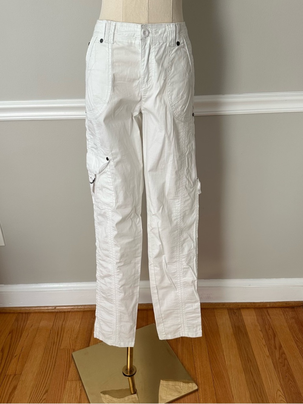 Women's White Cargo Pants with Utility Pockets and Straight Leg